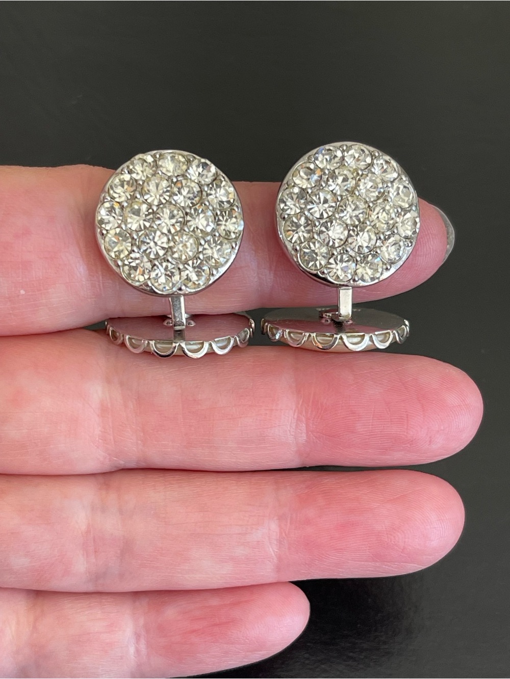 Vintage Sarah Coventry reversible rhinestone and faux pearl clip on earrings.